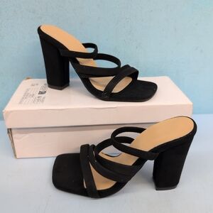 Women's Square Open Toe Strappy Slip On Block Heel Sandals EUR 35 Black